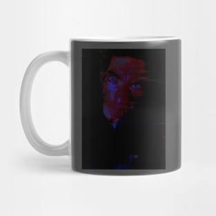 Portrait, digital collage and special processing. Man looking on us from darkness. Eyes. Brighter. Red, blue and green. Mug